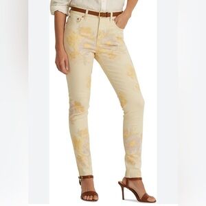 Ralph Lauren Women's Yellow Floral High-Rise Skinny Ankle Jeans Pants - 2
